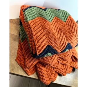 Vintage Crochet Blanket Zig Zag Chevron Handmade Fall Colors